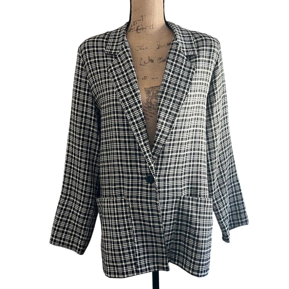 70s/80s Vintage Black & White Plaid Blazer Size XL Single Breasted Corpcore Work - Picture 3 of 17
